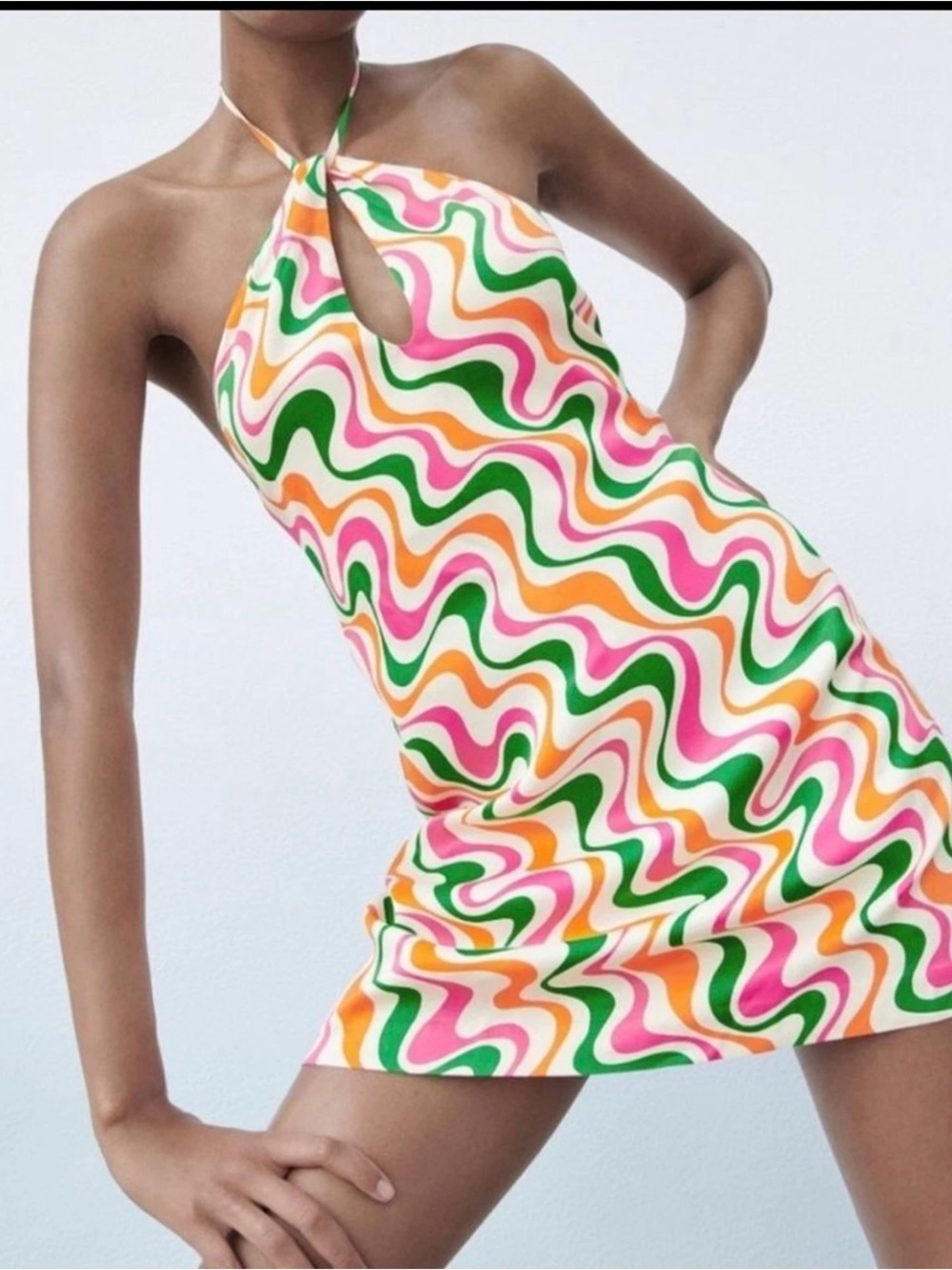 Zara Halter Mini Dress in Pink, Green, Orange, Cream Wave Print - Picture 2 of 7